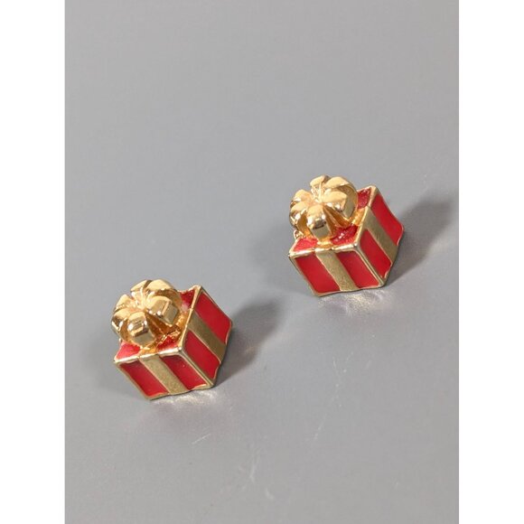 Vintage Avon Christmas Gift Present Earrings Gold Tone Red Pierced Stud - Picture 1 of 5